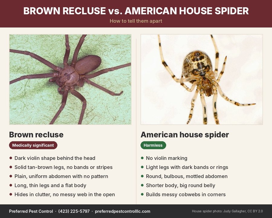 Side-by-side comparison of a brown recluse and an American house spider: the recluse has a violin marking, plain legs and a uniform abdomen; the house spider has banded legs and a round mottled abdomen